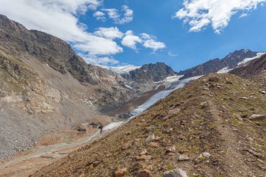 Gepatschferner seracs ve Vallelunga buzullarının bulunduğu manzaralar küresel ısınma, Alto Adige, İtalya 'da meydana gelen büyük buzulun geri çekildiğini gösteriyor.