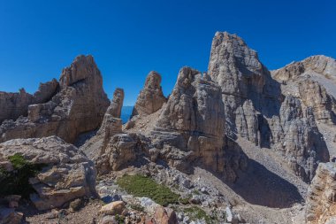 Latemar Massif, UNESCO 'nun dünya mirası sahasında dev zirveleri olan müthiş bir yaz dolomit kayası senaryosu. Ana zirvenin adı Torre di Pisa. Trentino-Alto Adige, İtalya, Avrupa