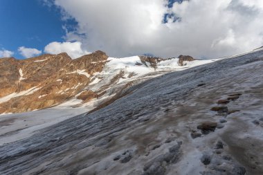Barba d 'Orso' nun dik buzul yüzeyi manzarası. Küresel ısınma nedeniyle buzullar hızla geri çekiliyor. Vallelunga, Alto Adige, İtalya