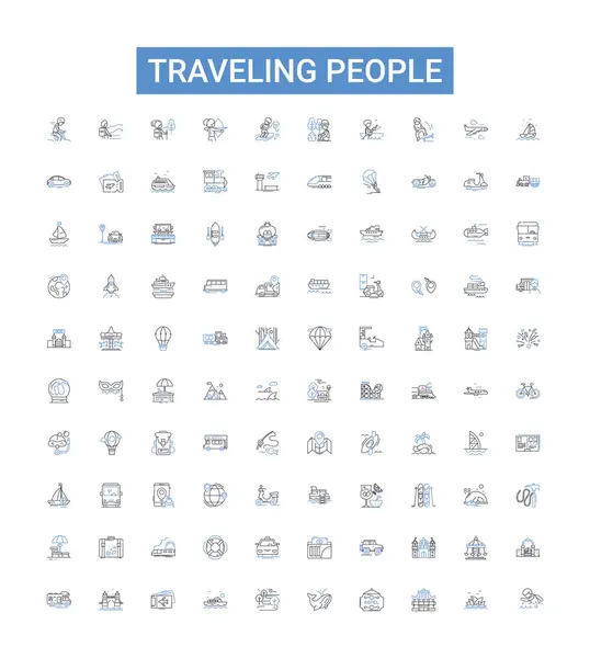 Traveling People Line Icons Collection Travellers Voyagers Roamers Explorers Adventurers — Stock Vector