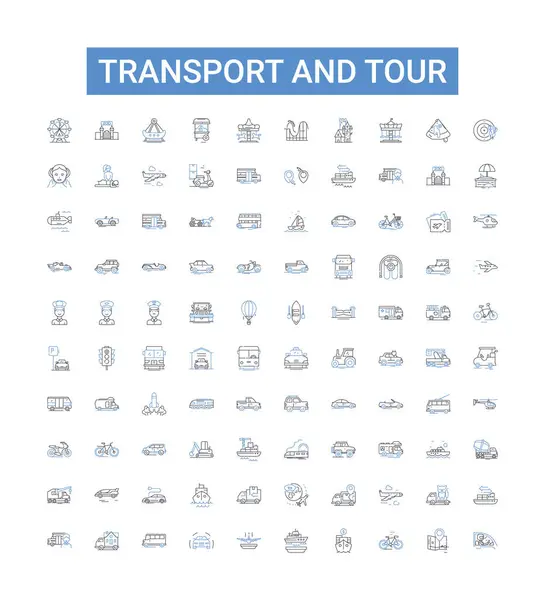 Transport Tour Line Pictogrammen Collectie Vervoer Tour Reizen Bus Taxi — Stockvector