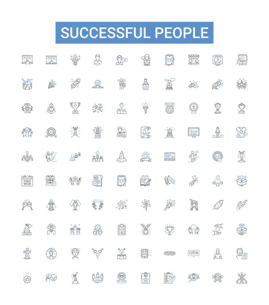 Successful People Line Icons Collection Prosperous Triumphant Achieving Wealthy Victorious — Stock Vector