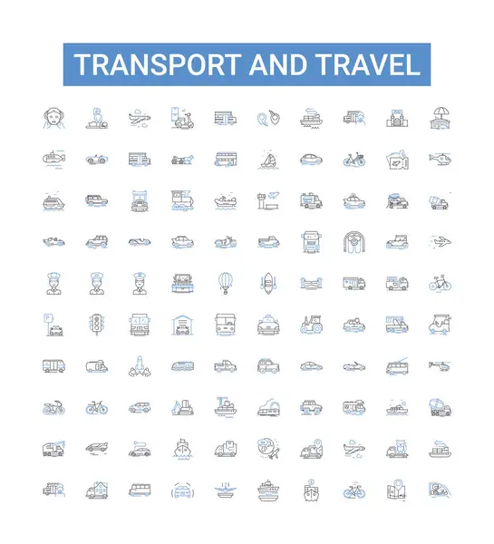 Közlekedési Utazási Vonal Ikonok Gyűjtemény Logisztika Repülőgépek Hajók Vonatok Utak Stock Vektor