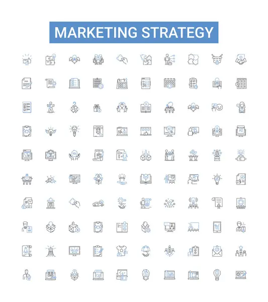Marknadsföringsstrategi Linje Ikoner Insamling Märke Marknadsföring Reklam Riktning Positionering Segmentering Stockillustration