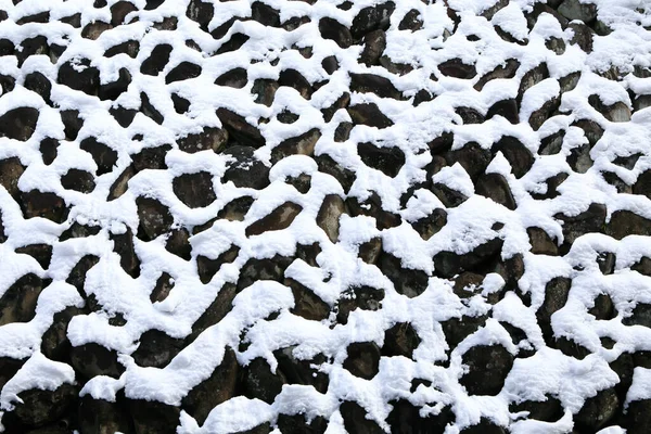 Muro Pietra Ricoperto Neve Temperature Sotto Zero — Foto Stock