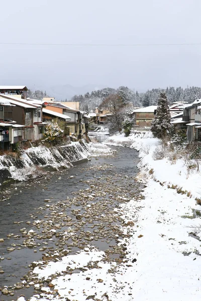 Fiume Miyagawa Circondato Dalla Neve Takayama Giappone — Foto Stock