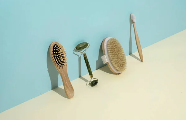 Sustainable career eco accessories brushes for self care and body care. Minimal trend health concept. High quality photo