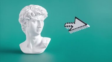 Michelangelos David 'in buhar dalgası tarzı ve dijital pikselli fare imleci ile eğlenceli bir geçmişe dönüş konsepti.