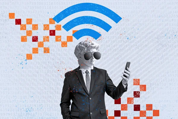 Collage Kreative Moderne Technologie Und Geschäftsmann Mit Telefon Kommuniziert Über — Stockfoto