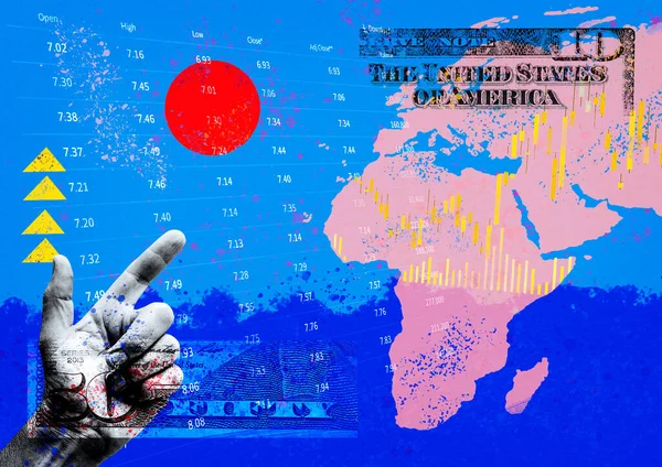 Креативный Коллаж Диаграммой Мирового Глобального Рынка Указателем Пальца Анализом Цифровых — стоковое фото
