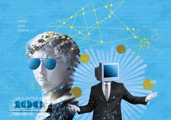 Colagem David Elegante Óculos Sol Homem Negócios Com Cabeça Computador Imagens De Bancos De Imagens