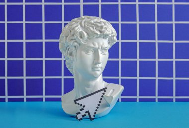 David statue head and arrow pixel mouse pointer interface. Minimal concept of NFT technologies of the future cyberpunk and vaporwave crypto technologies. High quality photo