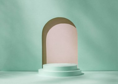 Template podium mockup with cylinder pedestal and niche arch. Minimal background for showing cosmetics or product. High quality photo