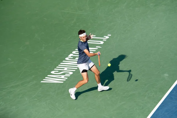 Taylor Fritz Derrota Andy Murray Gbr Foto Torneo Tenis Mubadala — Foto de Stock
