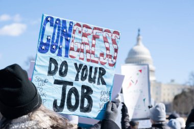 Göstericiler, Başkan Trumps yönetiminin ve milyarder Elon Musk 'un 17 Şubat 2025' teki Başkanlık Günü 'nde Washington' daki eylemlerini protesto etmek için Kongre Binası 'nda toplandılar..