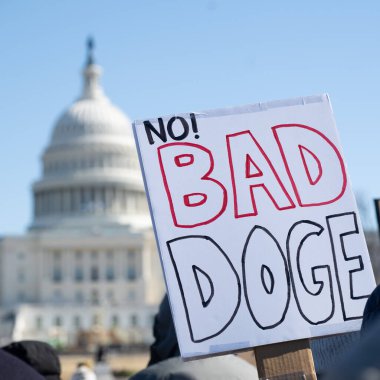 Göstericiler, Başkan Trumps yönetiminin ve milyarder Elon Musk 'un 17 Şubat 2025' teki Başkanlık Günü 'nde Washington' daki eylemlerini protesto etmek için Kongre Binası 'nda toplandılar..