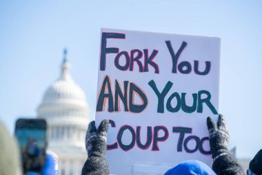 Göstericiler, Başkan Trumps yönetiminin ve milyarder Elon Musk 'un 17 Şubat 2025' teki Başkanlık Günü 'nde Washington' daki eylemlerini protesto etmek için Kongre Binası 'nda toplandılar..