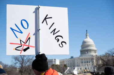 Göstericiler, Başkan Trumps yönetiminin ve milyarder Elon Musk 'un 17 Şubat 2025' teki Başkanlık Günü 'nde Washington' daki eylemlerini protesto etmek için Kongre Binası 'nda toplandılar..