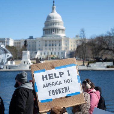 Göstericiler, Başkan Trumps yönetiminin ve milyarder Elon Musk 'un 17 Şubat 2025' teki Başkanlık Günü 'nde Washington' daki eylemlerini protesto etmek için Kongre Binası 'nda toplandılar..