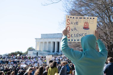 Göstericiler, 7 Mart 2025 'te Washington DC' de düzenlenen Stand-Up for Science mitinginde Trump yönetiminin bilimsel araştırma ve araştırmacıları kesmesini protesto etmek için Lincoln Anıtı 'nda toplandılar.