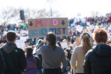 Göstericiler, 7 Mart 2025 'te Washington DC' de düzenlenen Stand-Up for Science mitinginde Trump yönetiminin bilimsel araştırma ve araştırmacıları kesmesini protesto etmek için Lincoln Anıtı 'nda toplandılar.