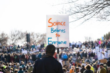 Göstericiler, 7 Mart 2025 'te Washington DC' de düzenlenen Stand-Up for Science mitinginde Trump yönetiminin bilimsel araştırma ve araştırmacıları kesmesini protesto etmek için Lincoln Anıtı 'nda toplandılar.