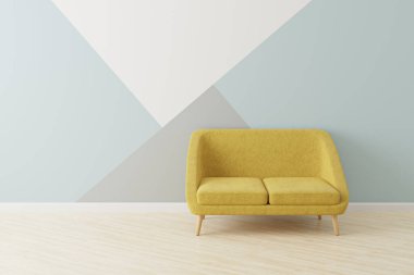 Üçgenlerle boyanmış bir duvarın önünde İskandinav tarzı sarı kanepe. 3B oluşturulmuş maket.