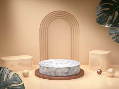 Ürün gösterimi için podyum, yay ve geometri şekilleriyle modelleme. 3B illüstrasyon