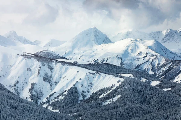 Χιόνι Που Καλύπτει Κορυφές Των Βουνών Στα Σύννεφα — Φωτογραφία Αρχείου