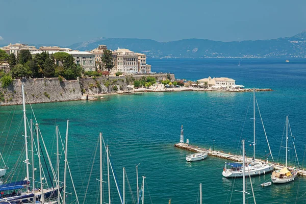Marina Moored Yachts Old Town View Old Fortress Kerkyra Corfu — Stock Photo, Image