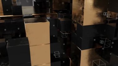 Abstract motion graphics with golden and black cubes. 3D animation. Technology or construction concept