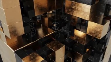 Abstract motion graphics with golden and black cubes. 3D animation. Technology or construction concept