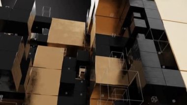 Abstract motion graphics with golden and black cubes. 3D animation. Technology or construction concept