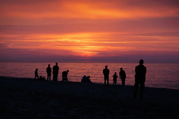 Silueta Personas Una Playa Disfrutando Puesta Sol — Foto de Stock