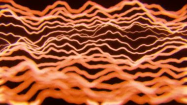 Üç boyutlu canlı turuncu dalgaların karanlık bir arkaplanda dalgalanması büyüleyici bir görsel efekt yaratır..