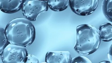 Açık mavi arka planda mikroskobik hava dahil bir çerçevede yüzen sıvı küreler. 3B oluşturulmuş canlandırma