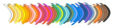 Beyaz arkaplanda gökkuşağı spektrumu olarak düzenlenmiş yukarı ve aşağı desenli renkli tebeşirli pasteller 