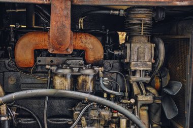 dirty diesel engine, close up view