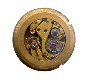Beyaz izole eski clockwork Ayrıntılar, Pinyonlar ve tekerlekler makro portre