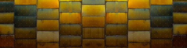 Altın Noktalı Paslı Metal Levhalardan Yapılmış Bir Duvar — Stok fotoğraf