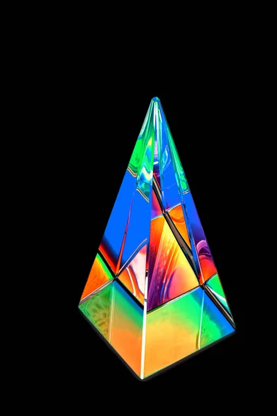 Glass Pyramid Prism Colorful Light Reflection Black Background Copy Space — Stok fotoğraf