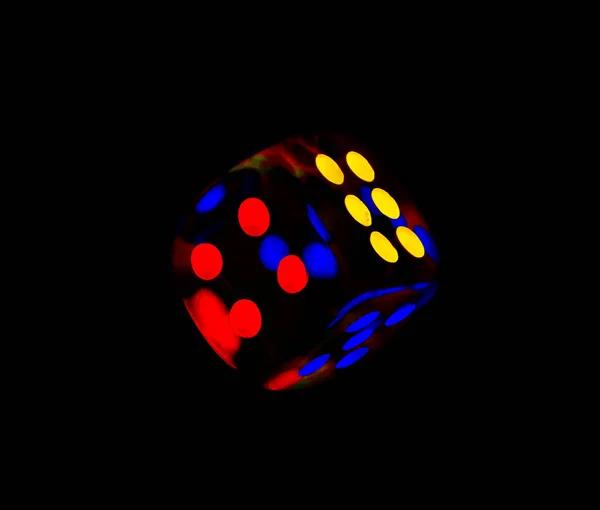 Glass Transparent Dice Cube Colored Dots Black Background — Stock Photo, Image