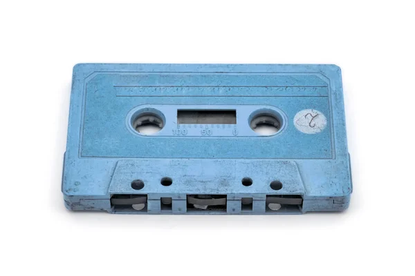Oud Blauw Audio Cassette Tape Geïsoleerd Wit — Stockfoto