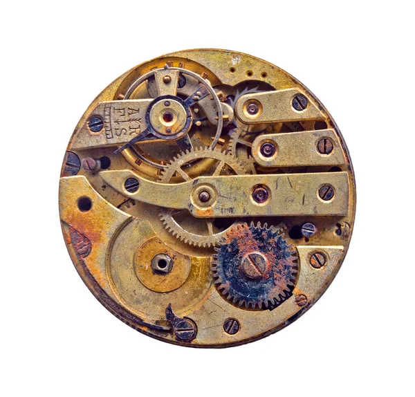 Gamla Clockwork Detaljer Drev Och Hjul Närbild Makro Isolerad Vit — Stockfoto