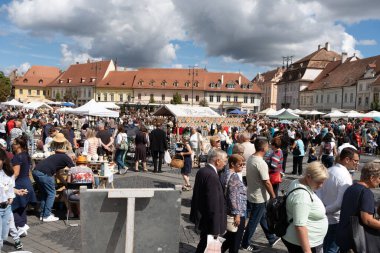 Sibiu City, Romanya - 04 Eylül 2022. Romanya 'nın Sibiu kentindeki çömlekçiler fuarında geleneksel Rumen el yapımı seramik pazarı
