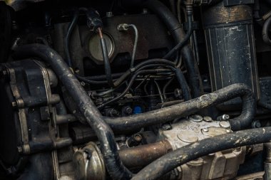 dirty diesel engine, close up view