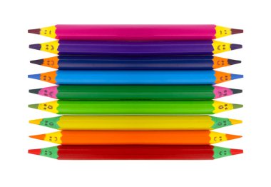 Rainbow colored wooden pencils with faces have many emotions