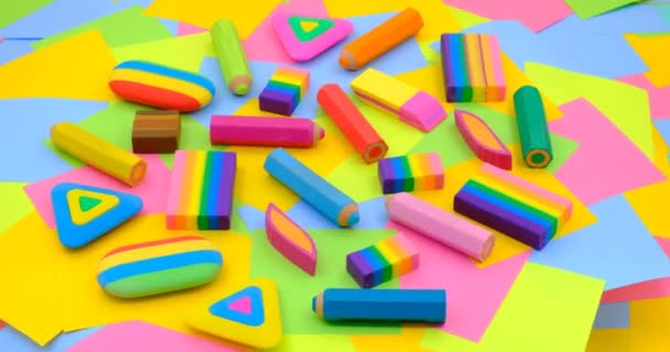 Various Shapes Colors Erasers Arranged Rotating Table Multicolored Paper Sticky — Stock Video