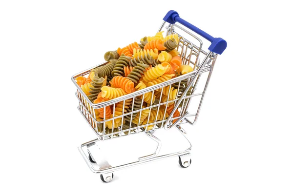 Zakupy Wykres Lub Wózek Supermarket Trzech Kolorów Fusilli Makaron — Zdjęcie stockowe