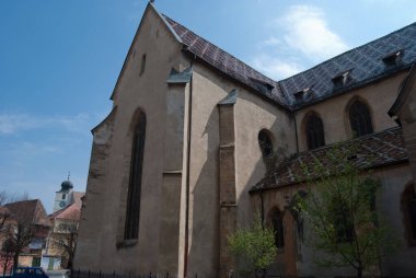 Sibiu, Romanya - 10 Nisan 2010. Ortaçağ Sibiu-Hermannstadt, Transilvanya, Romanya 'daki tarihi eski binaların manzarası